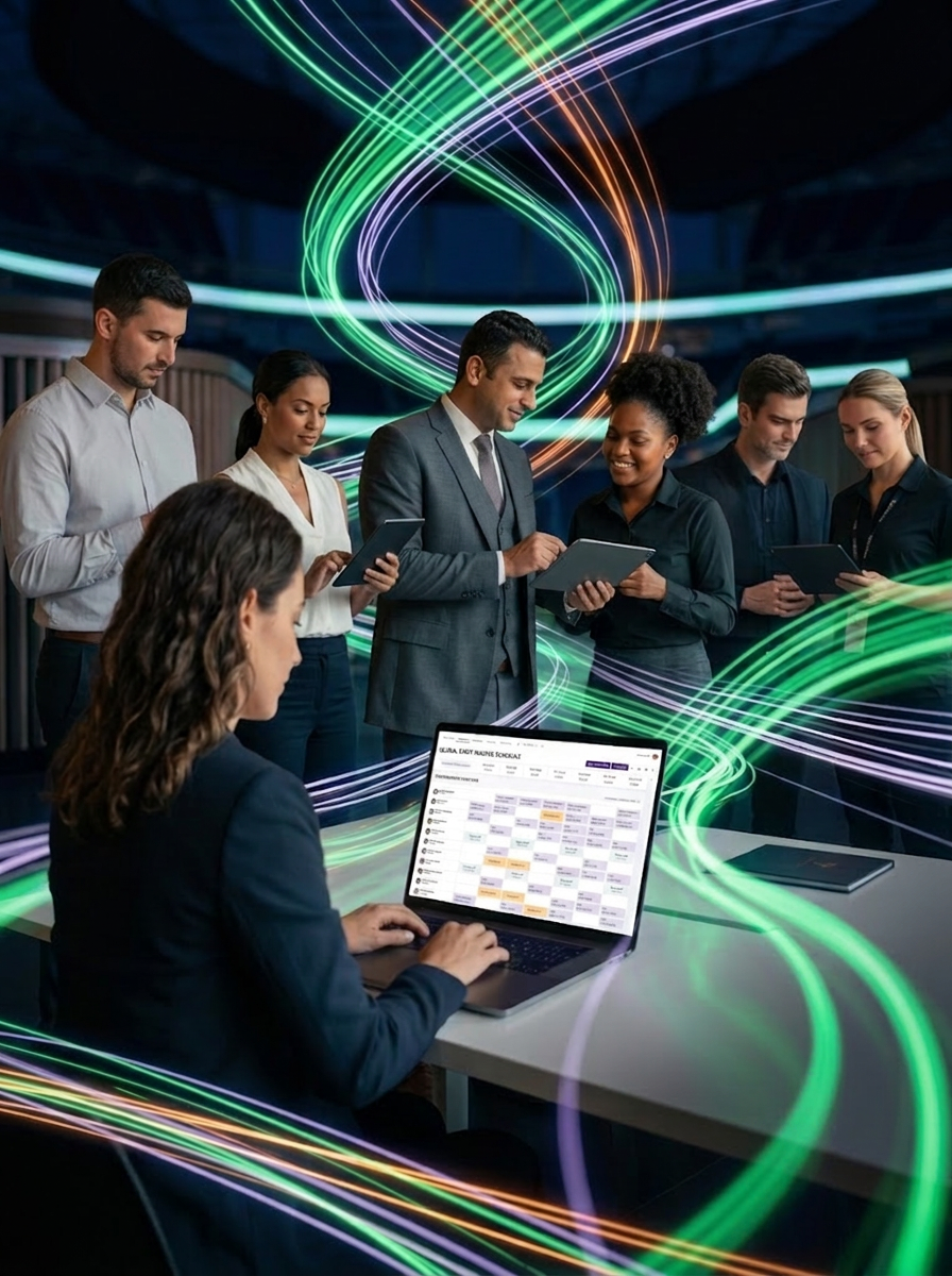 Managers and staff collaborating around a laptop showing a colour-coded Kora workforce roster