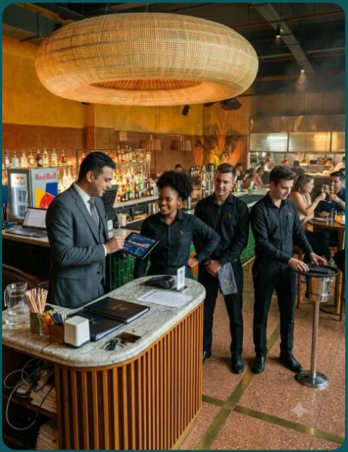 Hospitality team gathered at a concierge counter with a tablet